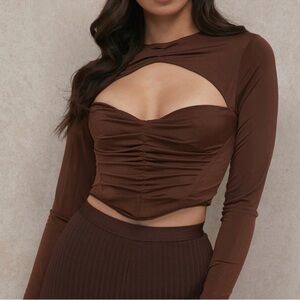 House of CB Natelle Chocolate Brown Corset Longsleeve Top Womens XS